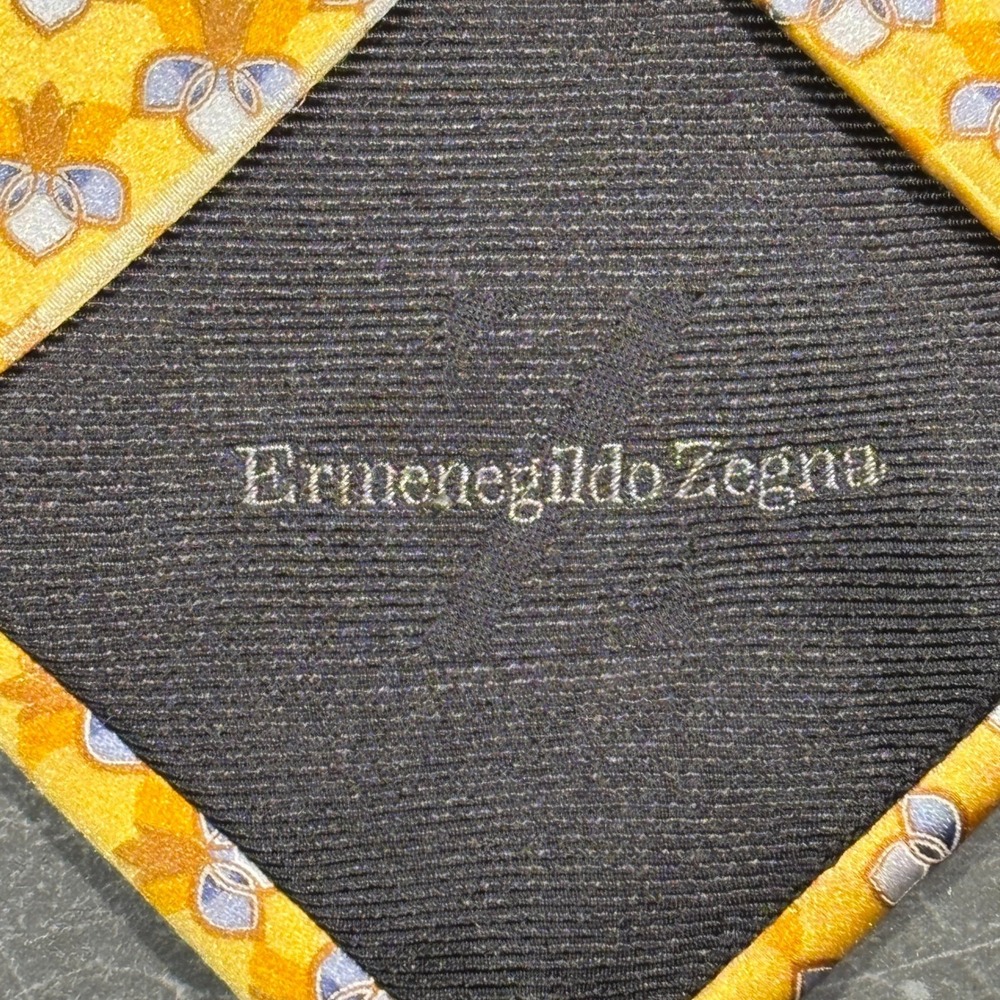 Mens Tie | Ermenegildo Zegna Tie | Gold Blue Fleur-De-Lis Silk - Picture 3 of 5